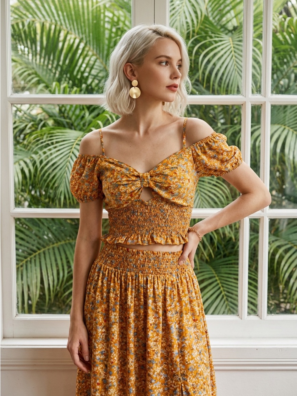 Sienna Sky Juniors Medium Knot Front Smocked Waist Crop Top SS Blouse